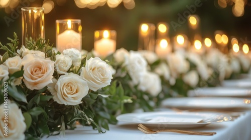 Obraz na płótnie Elegant dining table decorated with white roses, greenery, and softly glowing candles creating a warm and romantic atmosphere w salonie