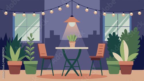 A small outdoor space with a bistro table and chairs string lights and potted plants.