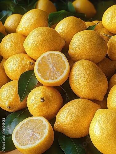 Obraz na płótnie Close-up of fresh ripe lemons piled together with some green leaves and two lemons cut in half showing juicy interiors w salonie