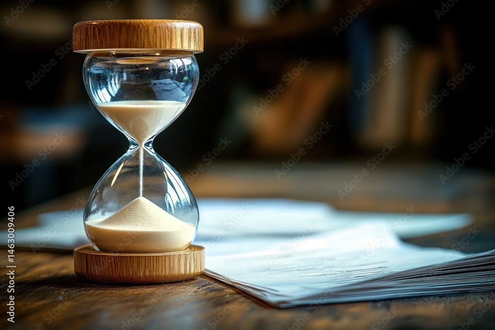 wooden hourglass with flowing sand placed on wooden table next to a stack of papers with blurred background conveying passage of time