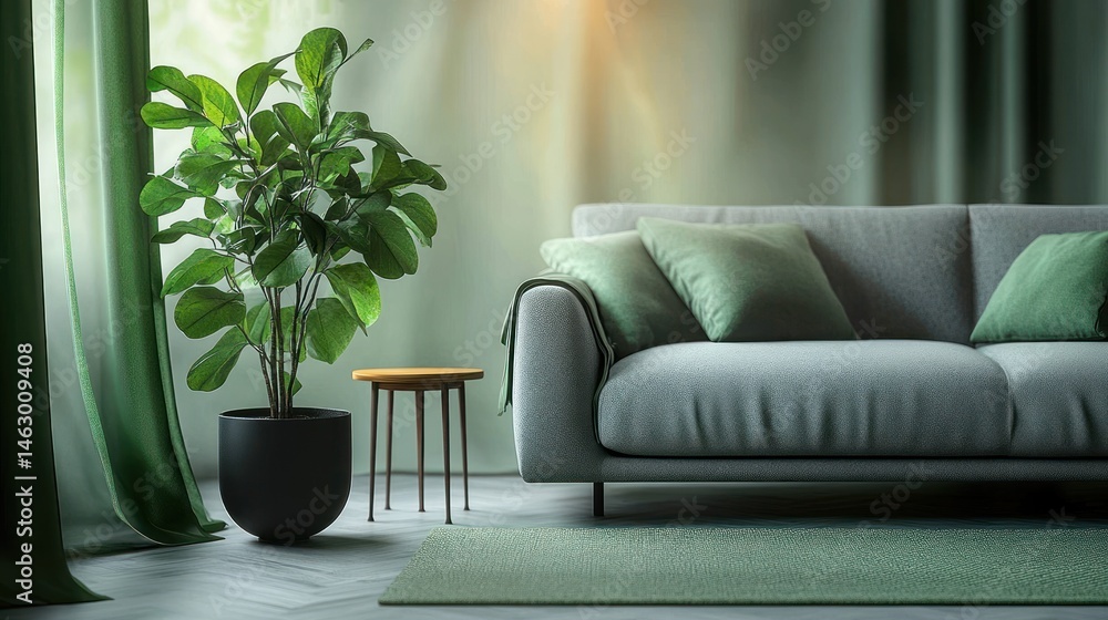 Cozy living room corner with green curtain, leafy potted plant, small wooden side table, green sofa with cushions, and green rug under soft natural light