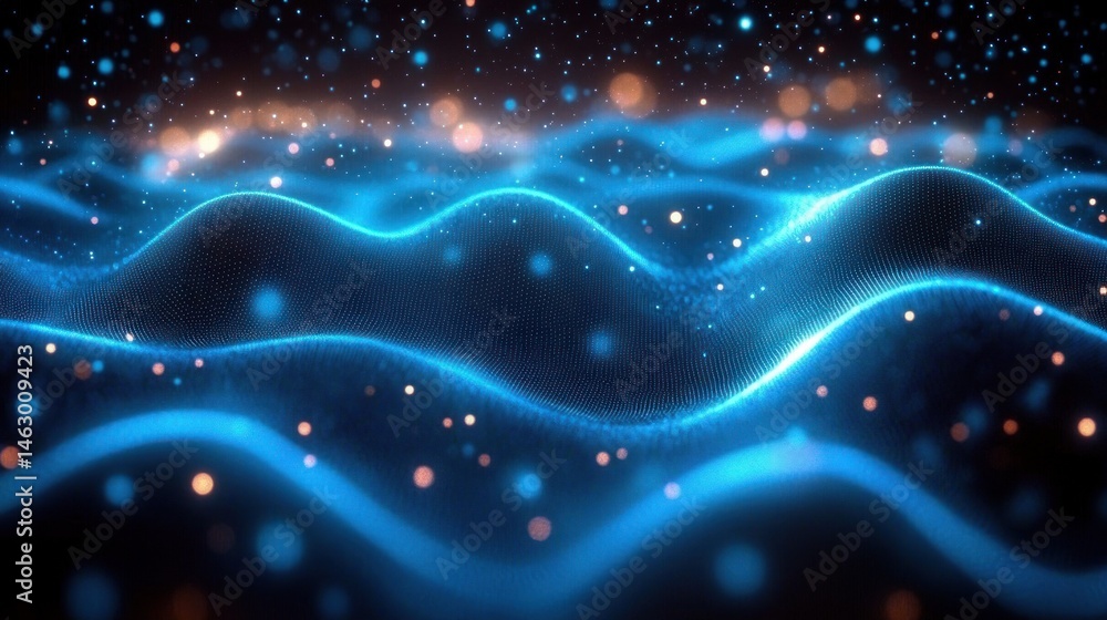 abstract glowing blue wave patterns with scattered light particles creating a futuristic and dynamic digital landscape