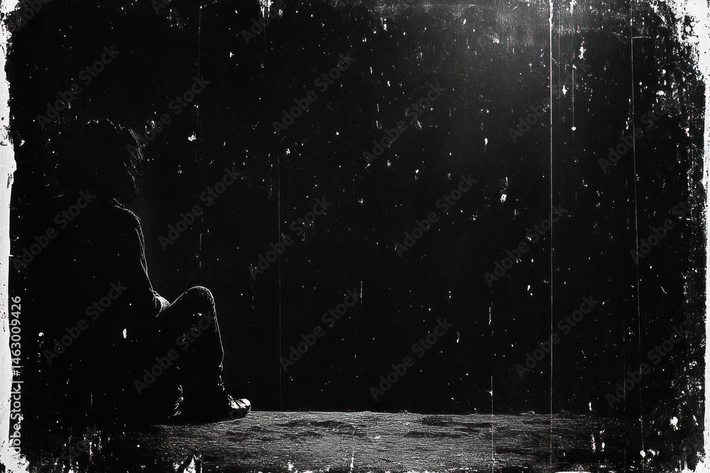 Silhouette of a person sitting alone on the ground in a dark, textured space evoking loneliness and introspection