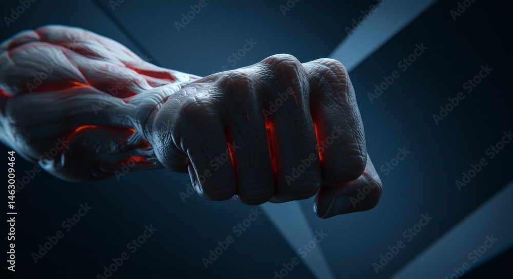 Obraz premium Close up of a clenched fist with visible muscles and glowing red veins in a dark blue background