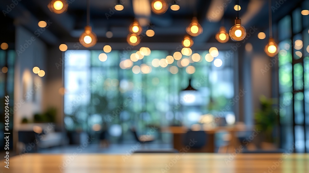 Obraz premium A defocused view of a stylish office space, with bokeh lights providing a soft, warm glow that complements the clean, modern furnishings and professional design