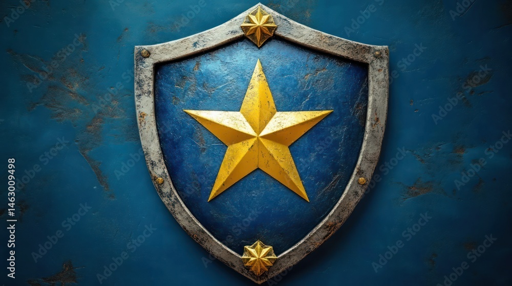 metal shield with blue background featuring a large golden star in the center and smaller stars at top and bottom, showing worn texture and a rustic look