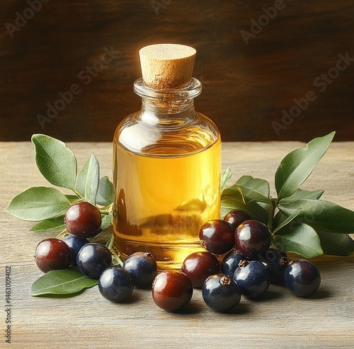 Obraz na płótnie Small clear glass bottle filled with golden oil surrounded by dark purple and blue berries and green leaves on wooden surface with brown background w salonie