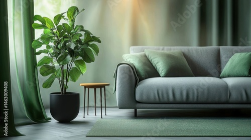 Obraz na płótnie Cozy living room corner with green curtain, leafy potted plant, small wooden side table, green sofa with cushions, and green rug under soft natural light w salonie