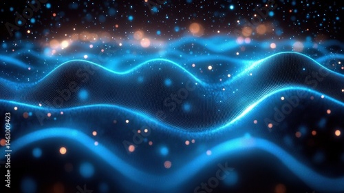 abstract glowing blue wave patterns with scattered light particles creating a futuristic and dynamic digital landscape