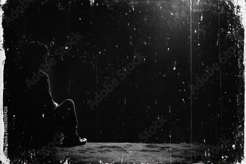 Obraz na płótnie Silhouette of a person sitting alone on the ground in a dark, textured space evoking loneliness and introspection w salonie