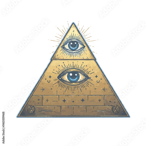A stylized gold pyramid with two allseeing eyes, radiating light, and intricate detailing. 
