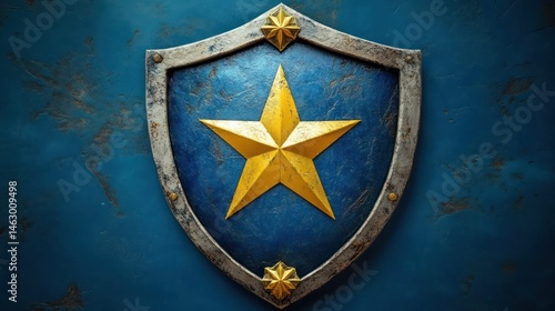 Obraz na płótnie metal shield with blue background featuring a large golden star in the center and smaller stars at top and bottom, showing worn texture and a rustic look w salonie