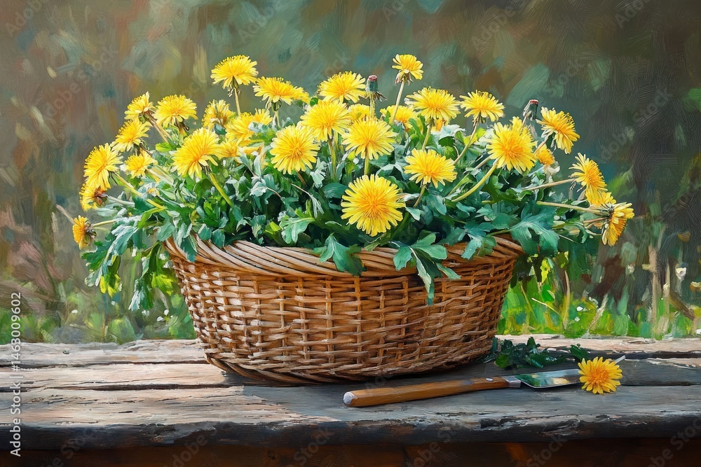 Wicker basket full of vibrant yellow dandelion flowers on rustic wooden surface with gardening knife and scattered leaves beside it