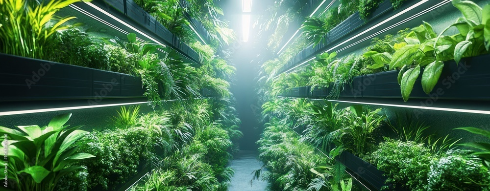 Narrow corridor filled with lush green plants on both sides under bright overhead lights creating a serene and fresh atmosphere