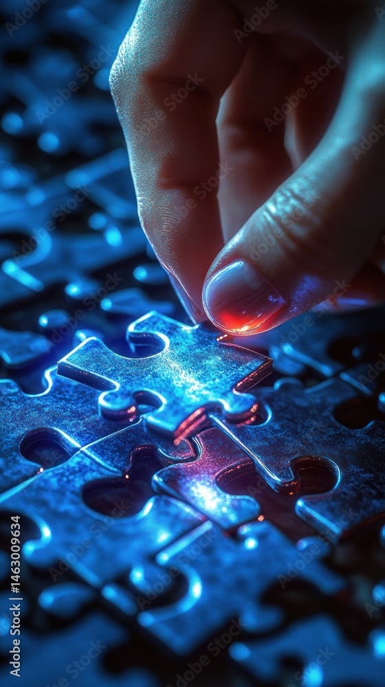 Close-up of a hand placing the final glowing puzzle piece into a blue illuminated jigsaw puzzle, symbolizing completion and focus