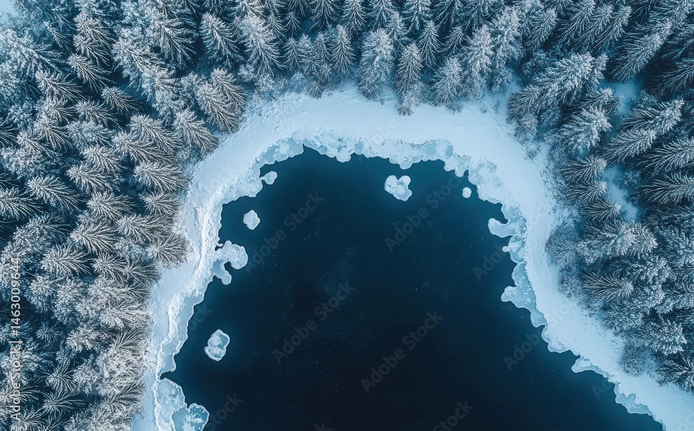 Aerial view of a snowy forest surrounding a partially frozen lake in winter with snow-covered evergreen trees and patches of ice along the shoreline