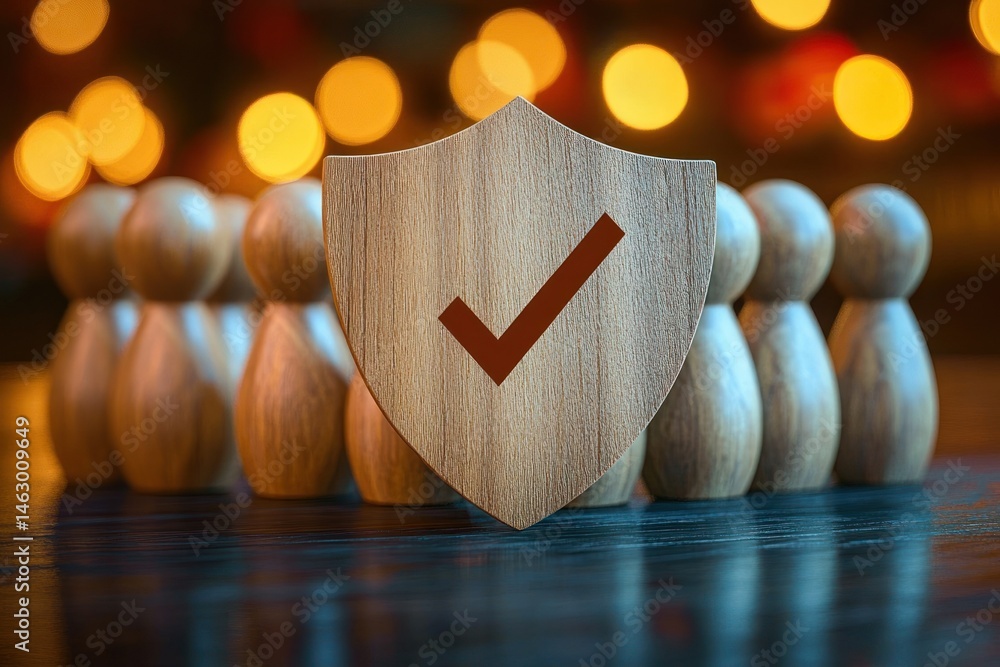 Wooden shield with a check mark symbol in front of a group of wooden figurines representing protection and security