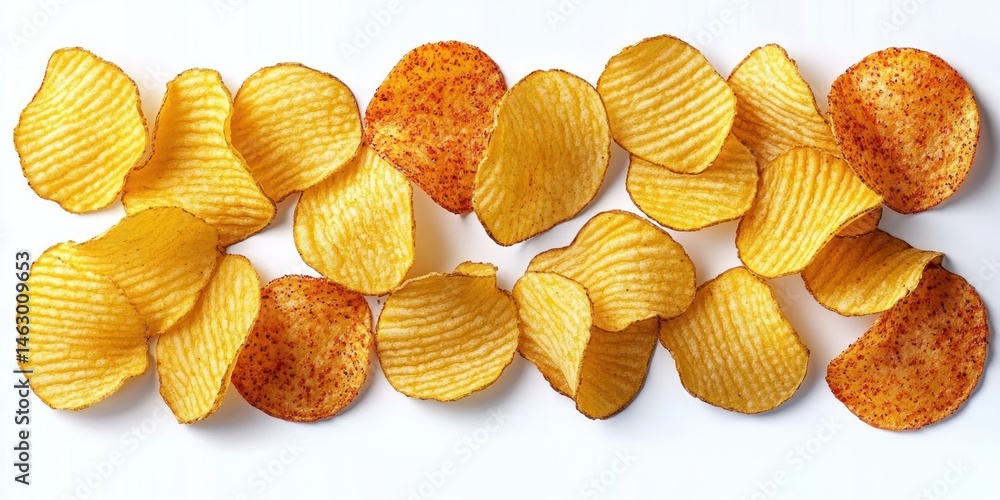 Close-up view of plain and spicy ridged potato chips scattered on a white background, showcasing texture and color contrast