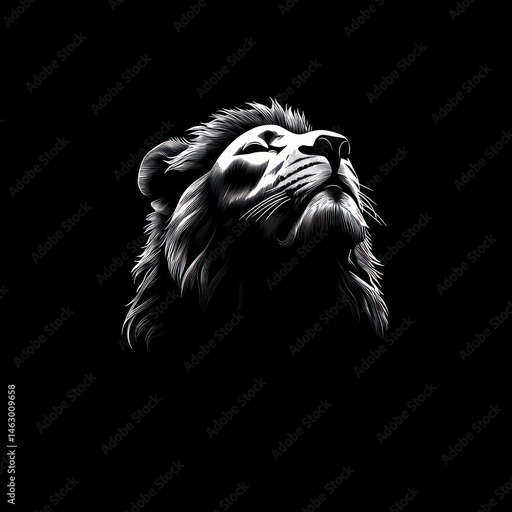 Monochrome artistic portrait of a lion looking upwards with a proud and majestic expression against a black background