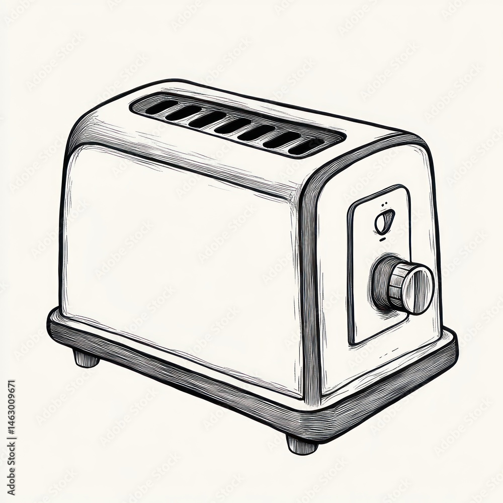 Black and white sketch of a vintage-style toaster with a knob and slots for bread slices, detailed hand-drawn lines giving a classic and functional appearance