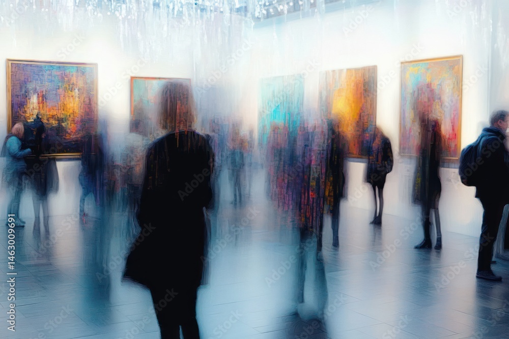 abstract blurred image of people observing colorful abstract paintings in a modern bright art gallery with reflective floor and soft lighting