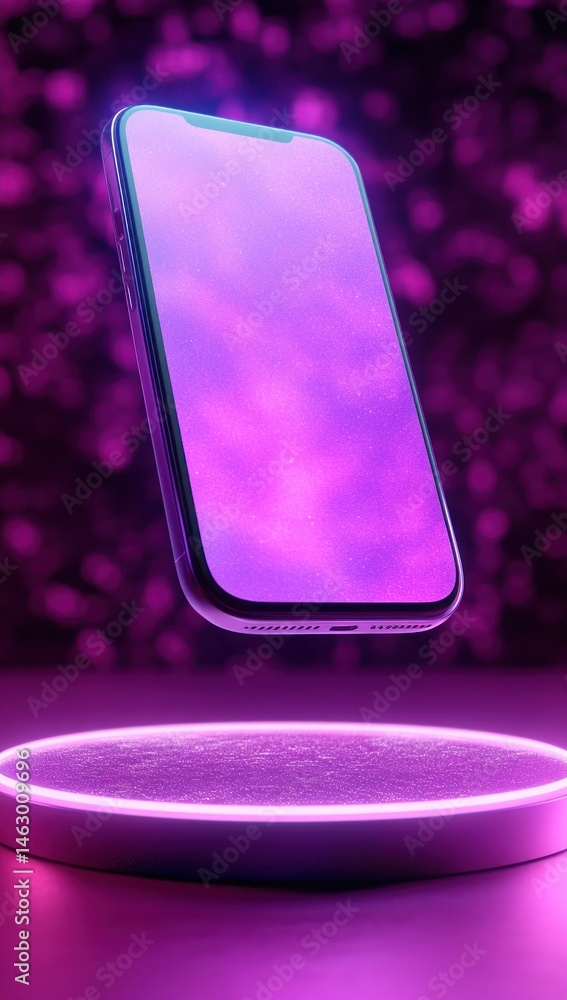 Modern smartphone glowing with a vibrant purple screen floating above a circular illuminated platform with sparkling purple background creating a futuristic and magical atmosphere