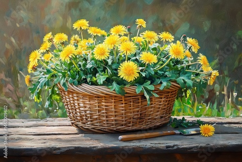 Obraz na płótnie Wicker basket full of vibrant yellow dandelion flowers on rustic wooden surface with gardening knife and scattered leaves beside it w salonie
