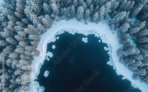 Obraz na płótnie Aerial view of a snowy forest surrounding a partially frozen lake in winter with snow-covered evergreen trees and patches of ice along the shoreline w salonie