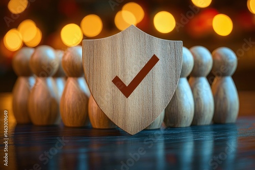 Obraz na płótnie Wooden shield with a check mark symbol in front of a group of wooden figurines representing protection and security w salonie