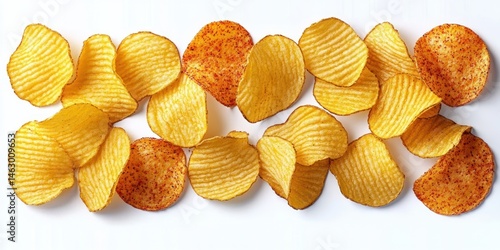 Obraz na płótnie Close-up view of plain and spicy ridged potato chips scattered on a white background, showcasing texture and color contrast w salonie