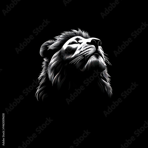 Monochrome artistic portrait of a lion looking upwards with a proud and majestic expression against a black background