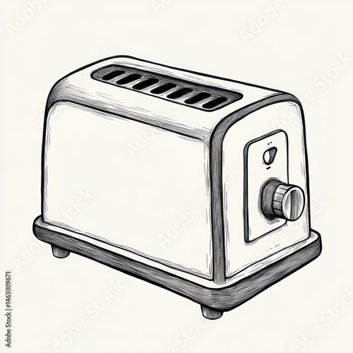Obraz na płótnie Black and white sketch of a vintage-style toaster with a knob and slots for bread slices, detailed hand-drawn lines giving a classic and functional appearance w salonie