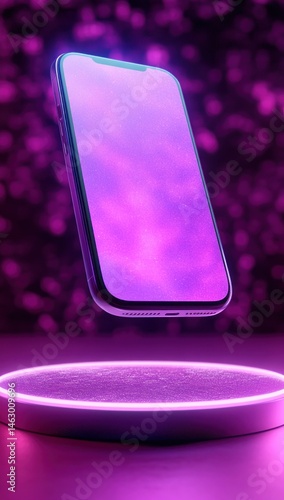 Obraz na płótnie Modern smartphone glowing with a vibrant purple screen floating above a circular illuminated platform with sparkling purple background creating a futuristic and magical atmosphere w salonie