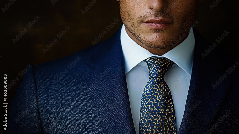 Close-up of a man wearing a dark blue suit, white dress shirt, and a patterned tie with a focused and composed expression