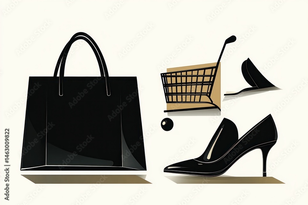 Minimalist illustration featuring a black handbag, a high-heeled shoe, and a small shopping cart casting shadows, evoking themes of fashion and retail