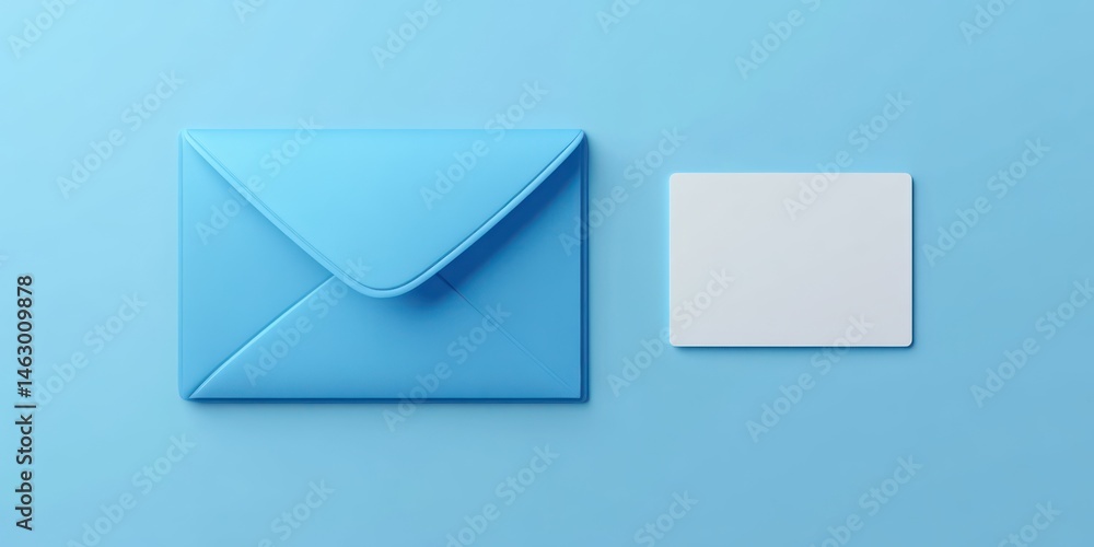 blue envelope and blank white card on a light blue background, minimalistic and clean design