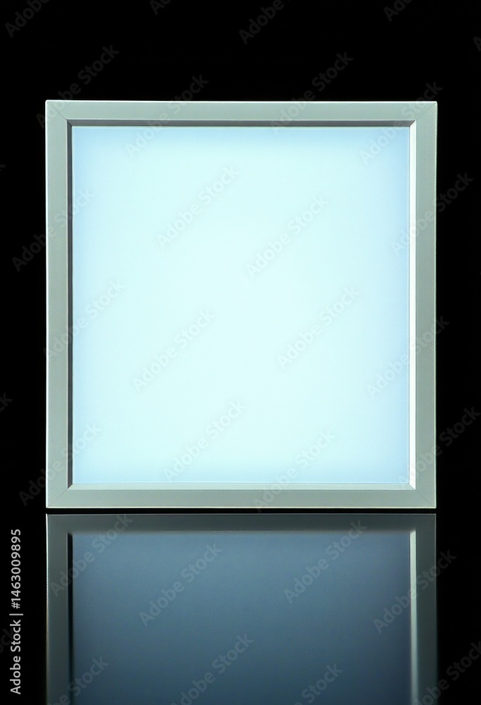 Square white LED panel light glowing on reflective dark surface against black background