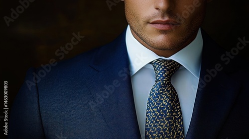 Obraz na płótnie Close-up of a man wearing a dark blue suit, white dress shirt, and a patterned tie with a focused and composed expression w salonie