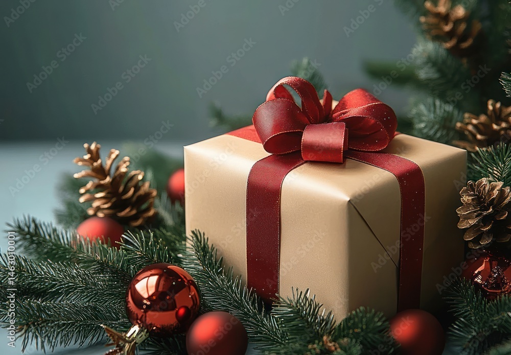 Festive gold gift box wrapped with a shiny red ribbon surrounded by pine branches, pine cones, and red Christmas ornaments creating a warm holiday atmosphere