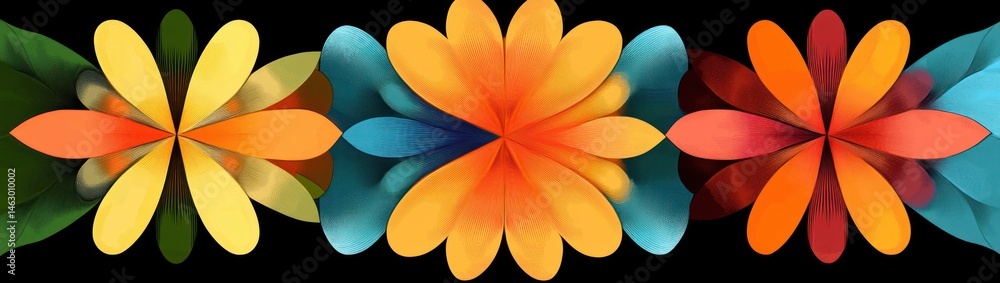 Abstract digital artwork featuring symmetrical multicolored floral shapes with gradient petals in orange, yellow, blue, red, and green on a black background