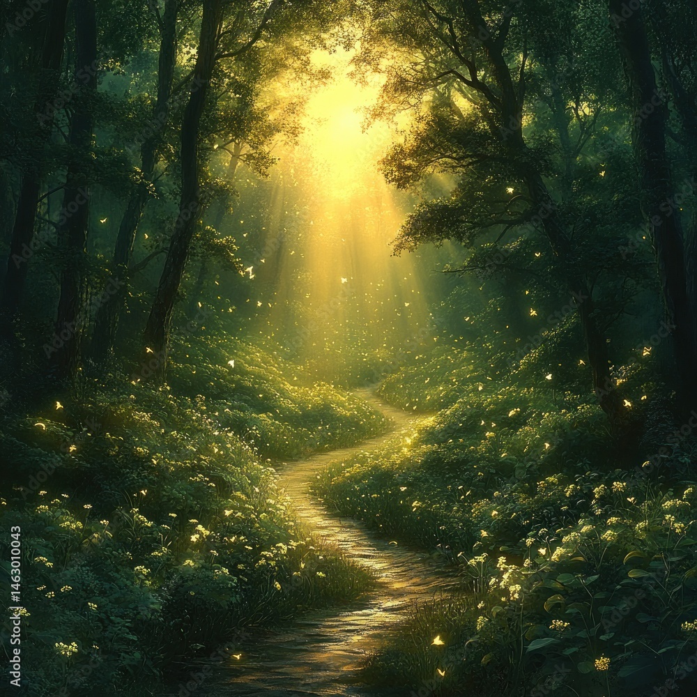 A winding forest path illuminated by warm golden sunlight filtering through dense trees, surrounded by lush green foliage and glowing particles creating a magical atmosphere