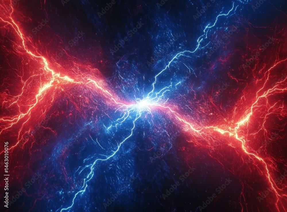 Abstract depiction of intersecting red and blue electric lightning bolts converging at a bright center on a dark background, evoking energy and dynamic tension