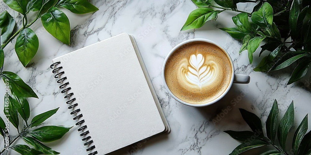 Cup of latte art coffee with a blank spiral notebook surrounded by green leaves on a white marble surface
