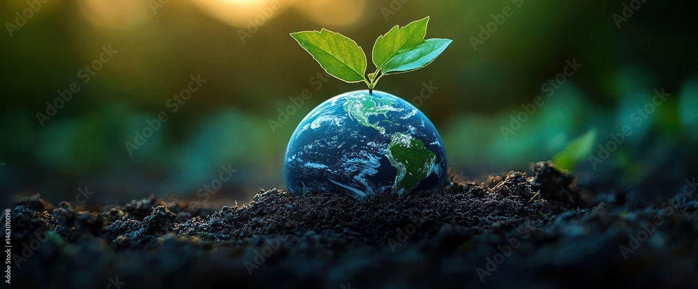 Small globe representing Earth emerging from soil with green leaves growing from its top symbolizing environmental growth and care
