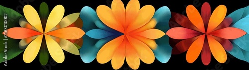 Obraz na płótnie Abstract digital artwork featuring symmetrical multicolored floral shapes with gradient petals in orange, yellow, blue, red, and green on a black background w salonie
