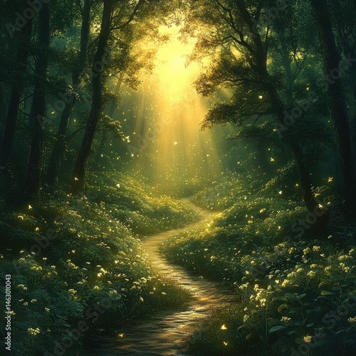Obraz na płótnie A winding forest path illuminated by warm golden sunlight filtering through dense trees, surrounded by lush green foliage and glowing particles creating a magical atmosphere w salonie