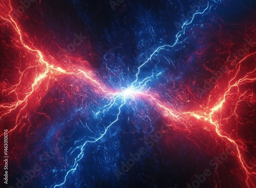 Obraz na płótnie Abstract depiction of intersecting red and blue electric lightning bolts converging at a bright center on a dark background, evoking energy and dynamic tension w salonie