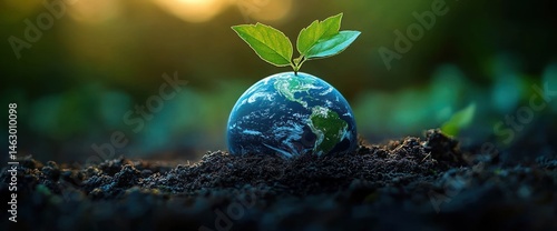 Obraz na płótnie Small globe representing Earth emerging from soil with green leaves growing from its top symbolizing environmental growth and care w salonie