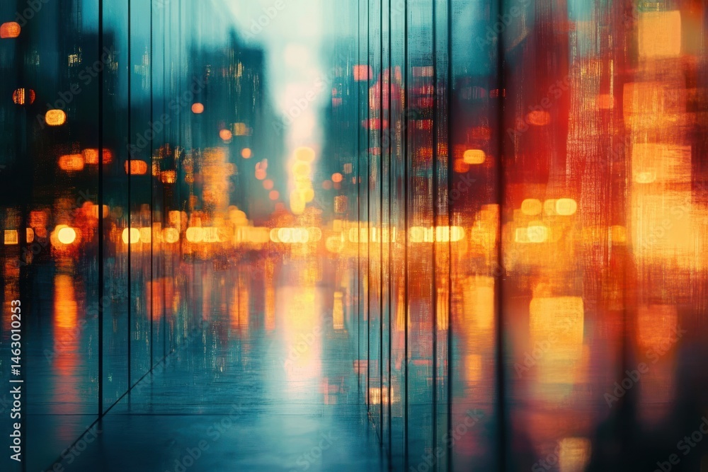 blurred urban night scene with reflections of colorful city lights on glass walls creating a vibrant and abstract atmosphere