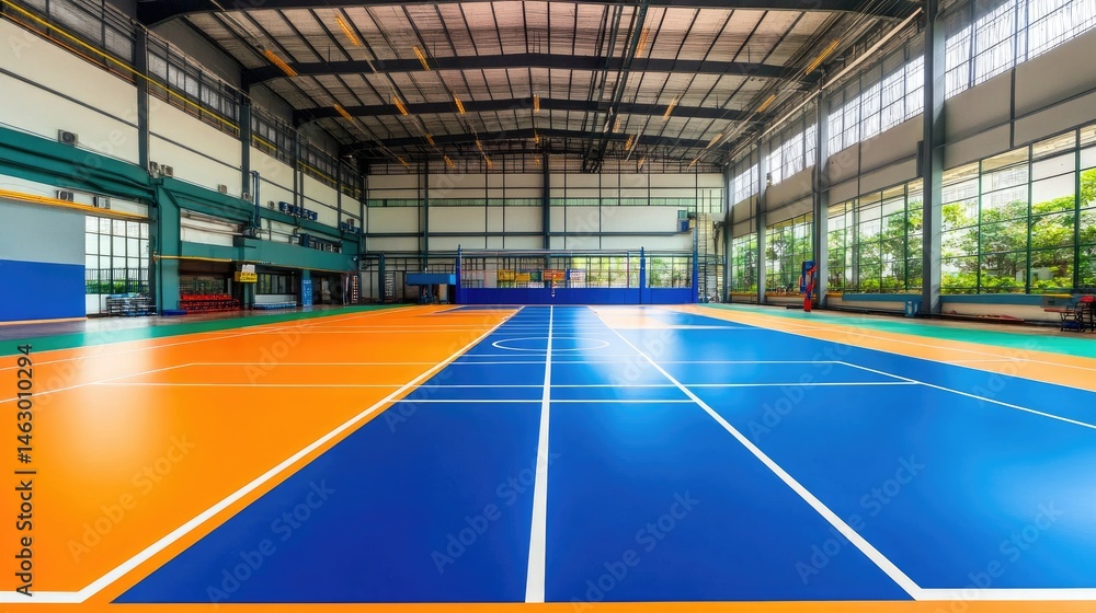 Floor markings leading to net in perspective shot with full court in view Floor markings leading to net in perspective shot with full court in view